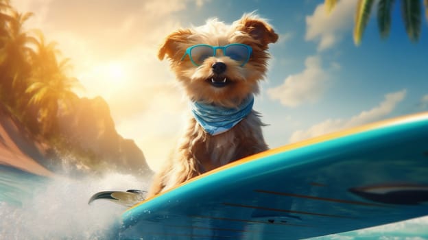 animal dog retro travel vacation joke wave surfer tropical surf hawaii beach holiday summer shades funny puppy illustration ocean pet. Generative AI.