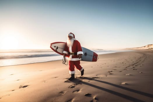 surfing sand concept water holiday destination shore beach costume run christmas sandy summer santa claus background sea coming vacation year. Generative AI.