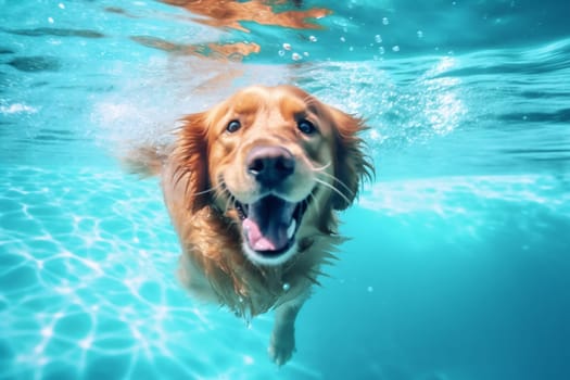 dog puppy outdoor swimming happy golden animal swim adorable fun pool funny pool water underwater snorkeling dive vacation play swimming retriever pet. Generative AI.