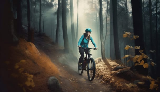 green woman cycle bike dark sunset bicycle cycling summer walking forest tree active riding bike trail mountain hiking path walk female sport. Generative AI.