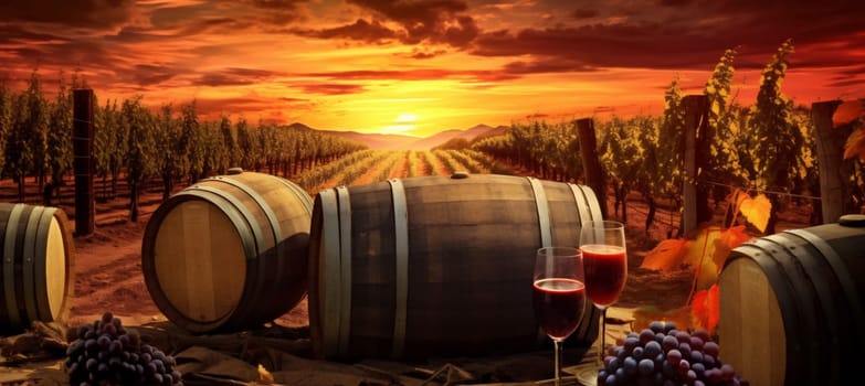 beverage nature vineyard wood bottle sunset still winery drink tasty grape tasting barrel glass alcohol red rustic green wooden wine. Generative AI.