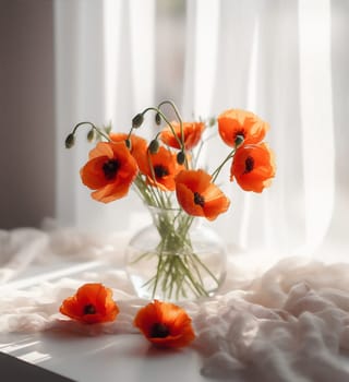 beauty flower vase beautiful background season soft color room spring space floral holiday decoration poppy sunshine bouquet birthday red green interior. Generative AI.