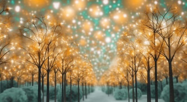 season background decoration bokeh light shiny holiday christmas celebration glow yellow blurred blur winter party snowflake glitter texture card night tree. Generative AI.