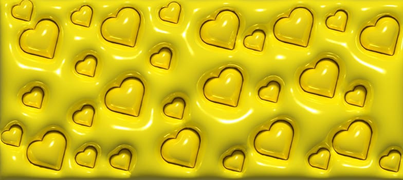 Yellow hearts on a yellow background, inflated elements, 3D rendering illustration