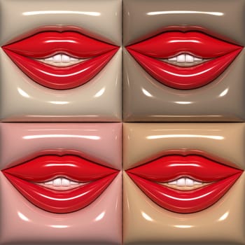 Four pairs of red lips with a slightly open mouth on a beige background, teeth visible. 3D rendering illustration