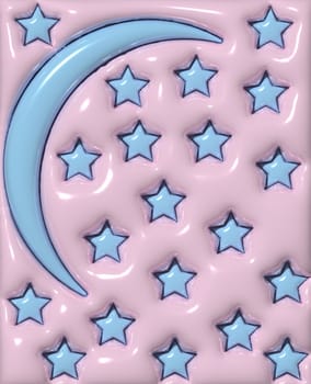 Pink background with blue moon and stars, puffed up figures, 3D rendering illustration