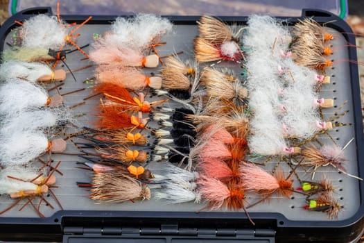 Fly box closeup detail of some flies and nymphs ready for trout fishing in the Fall in Oregon.