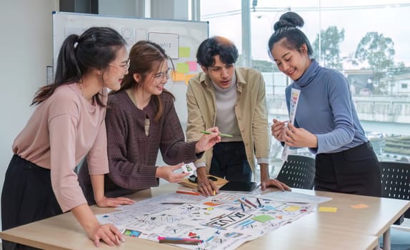 Asian office team brainstorming, plan for solution idea, Group of asian creative teamwork and woman leader at business meeting for developing mobile phone app, ux, ui start up, small business.