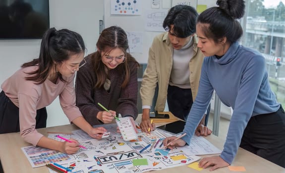 Asian office team brainstorming, plan for solution idea, Group of asian creative teamwork and woman leader at business meeting for developing mobile phone app, ux, ui start up, small business.