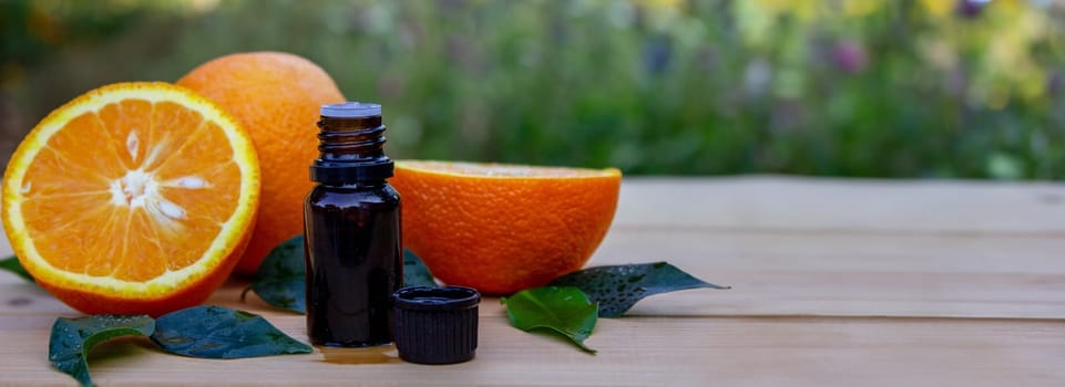 Essential extract of orange oil. Selective focus.