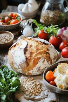 Round loaf of sourdough bread is centerpiece of table displaying fresh ingredients, emphasizing healthy eating and homemade baking
