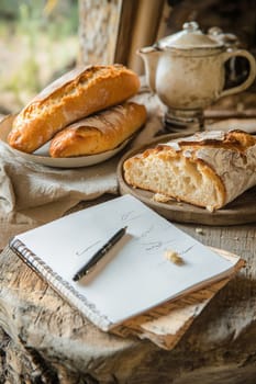 Baker writing notes on a recipe with loaves of fresh bread and a teapot in a rustic kitchen