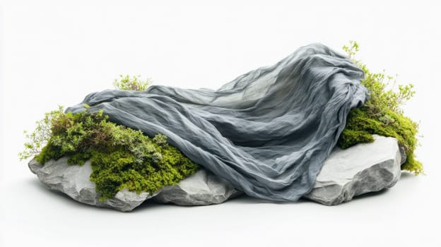 Gray veil covering green moss and small plants growing on a rock against white background