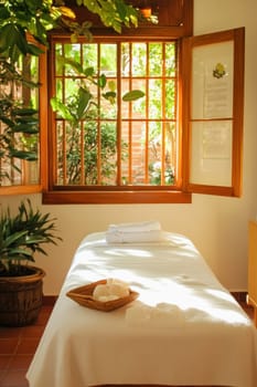 White massage table with rolled towels and basket of massage stones in spa room with open window showing lush greenery