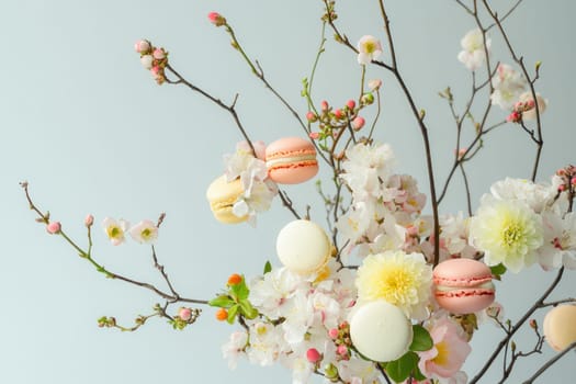 Pastel colored macarons hanging on flowering branches create a beautiful spring composition