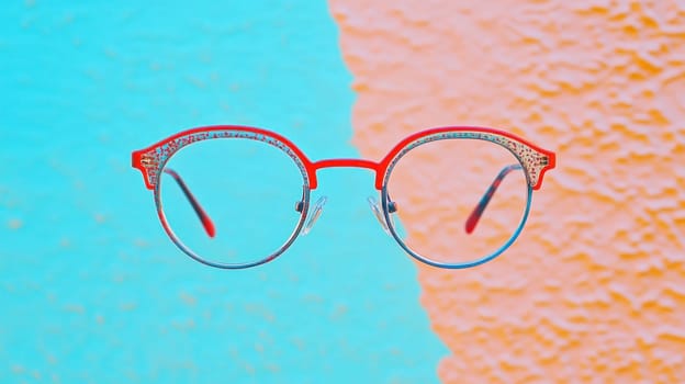 Red eyeglasses with a modern design are showcased against a backdrop of vivid teal and orange hues
