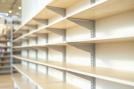 Empty wooden shelves stand in a retail store, ready for products, creating a sense of anticipation