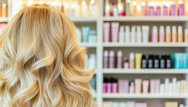 Woman with long, wavy, blonde hair in hair salon with shelves of hair products in background