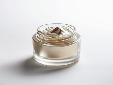 Open jar of luxurious cosmetic cream resting on a pristine white surface, showcasing its smooth texture and inviting potential users to indulge in self care