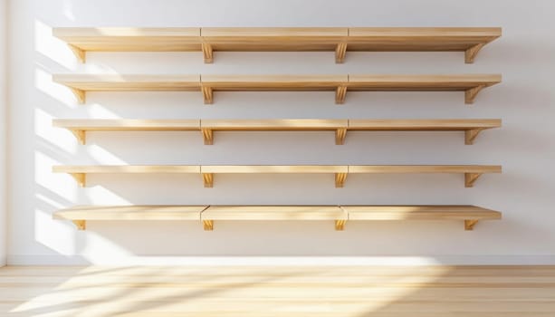 Five empty wooden shelves on a white wall in a sunlit room waiting to be filled