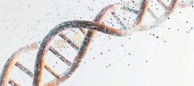 Rotating dna strand floating in particles representing genetic information research and biotechnology