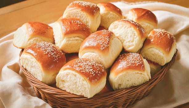 Soft and fluffy dinner rolls, sprinkled with sesame seeds, sit in a wicker basket, ready to be enjoyed