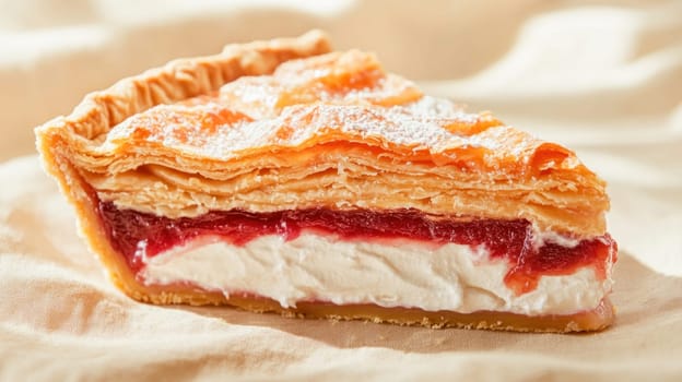 Slice of layer cake with puff pastry, cream and jam filling, sprinkled with powdered sugar on a wooden surface