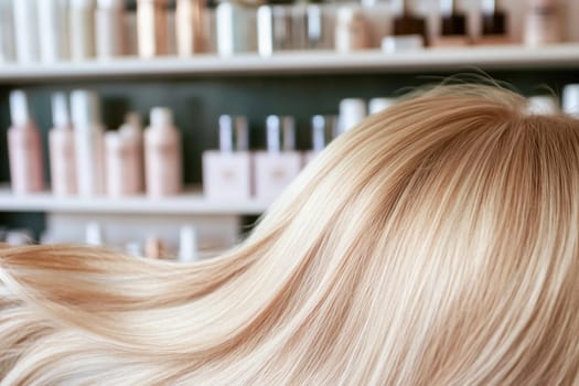 Blond hair with hair care products in background in a hair salon
