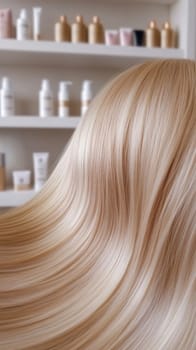 Healthy blond hair waving in hair salon with beauty products displayed on shelves in background