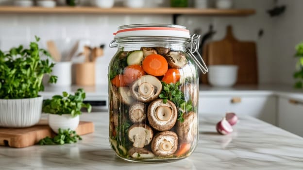 Glass jar filled with fresh mushrooms, carrots, zucchini, and herbs, prepared for pickling or preserving, on a kitchen counter