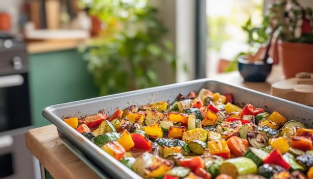 Freshly roasted colorful vegetables seasoned with herbs and spices, promoting healthy eating and home cooking