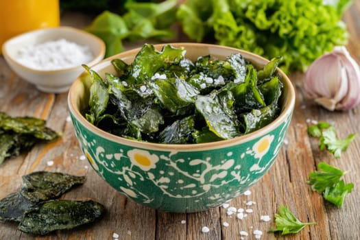 Crispy roasted seaweed sheets with salt in a bowl make a healthy and delicious snack