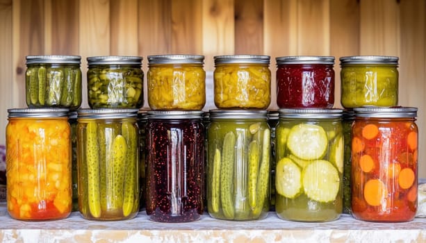 Glass jars filled with colorful pickled vegetables and fruit preserves are neatly arranged on a wooden shelf, showcasing the bounty of summer's harvest