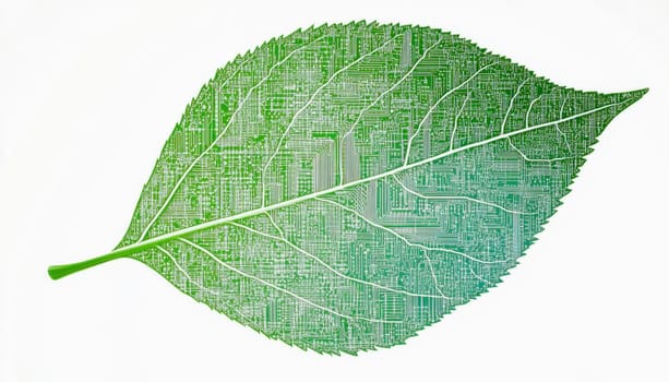 Printed circuit board in the shape of a leaf illustrating green technology, bio technology, and sustainability
