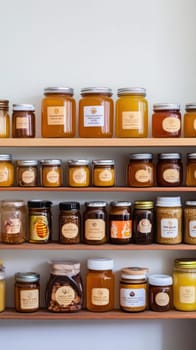 Different types of honey in glass jars are neatly arranged on wooden shelves, showcasing a wide variety of flavors and textures