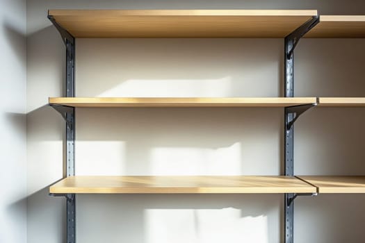 Sunlight illuminating empty wooden shelves mounted on a wall, creating a minimalist and organized storage solution