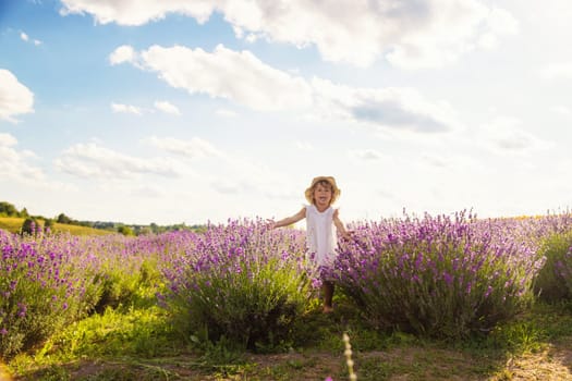 Child girl in lavender field. Selective focus. Kid.