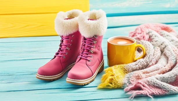 Pink winter boots with fur lining, a hot beverage, and a cozy scarf evoke a feeling of warmth and comfort on a colorful wooden surface