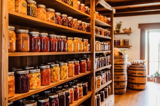 Various colorful homemade fruit and vegetable preserves displayed on wooden shelves, creating a warm and inviting atmosphere