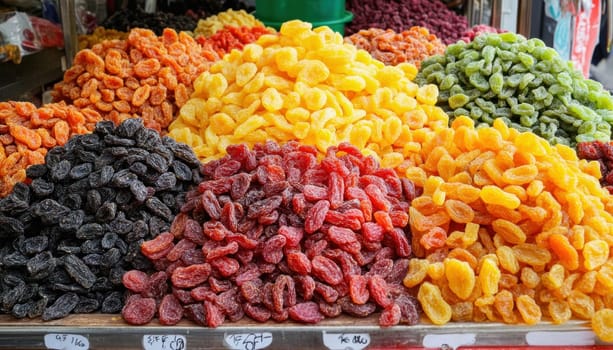 Variety of colorful dried fruits creating a vibrant and tempting display at a market stall, showcasing diverse textures and flavors