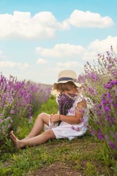 Child girl in lavender field. Selective focus. Kid.