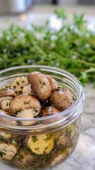 Delicious marinated mushrooms are preserved in a glass jar, seasoned with fresh thyme and parsley, ready to enhance culinary creations