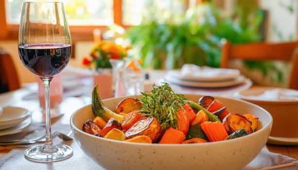 Seasoned root vegetables with herbs, presented in a bowl on a dining table, accompanied by a glass of red wine, create an inviting culinary scene