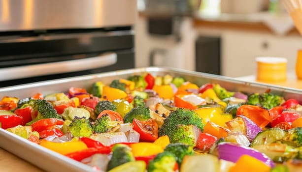 Freshly roasted colorful vegetables seasoned with herbs and spices, promoting healthy eating and home cooking