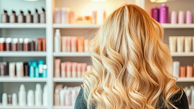Woman with long wavy blonde hair in hairdressing salon