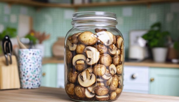 Button mushrooms are being preserved in a glass jar on a kitchen counter
