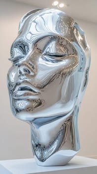 Modern art sculpture of a chrome female head reflecting gallery lights