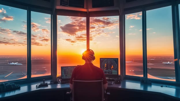 Air traffic controller working in control tower overlooking airport runway during sunset