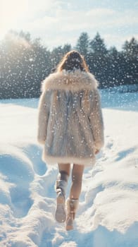 Model walking away in snowy forest wearing fur coat and winter boots enjoying snowfall