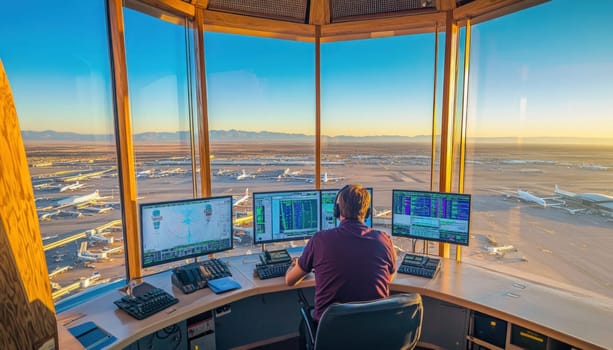 Air traffic controller working in airport tower, managing airplane traffic on multiple computer screens
